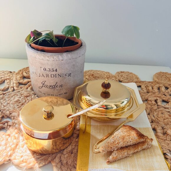 Vintage Made In Italy Gold Plated Brass Covered Butter Dish and Jam Pot - Picture 12 of 12